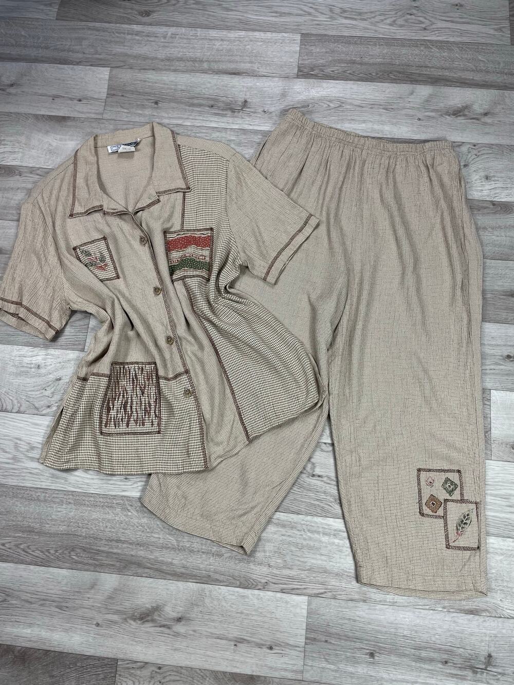 🔥2 Pcs Vintage Patchwork Crinkle Blouse & 3/4 Pants Boho Cottage Grandmacore